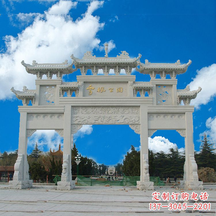 日照传承历史的精美汉白玉三门牌楼雕塑