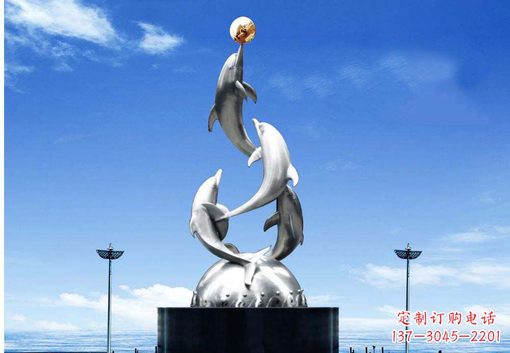 日照广场不锈钢海豚顶球雕塑