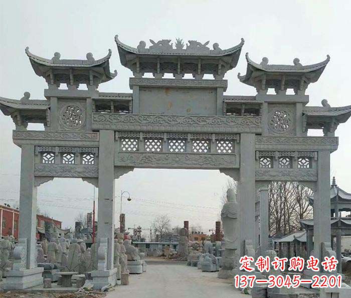 日照三门牌坊石雕,精美汉风石雕装饰景区