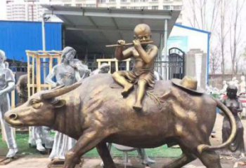 日照专为儿童量身定制的牧童骑在牛背吹笛铜雕