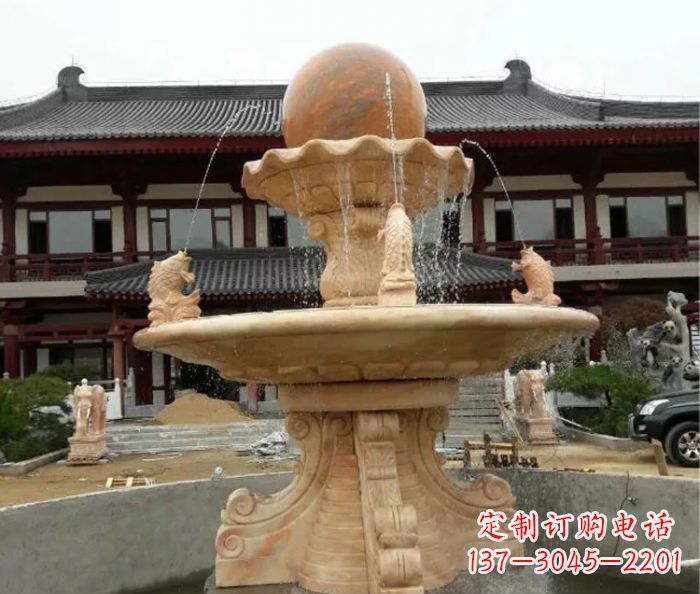 日照双层风水球喷泉晚霞红石雕