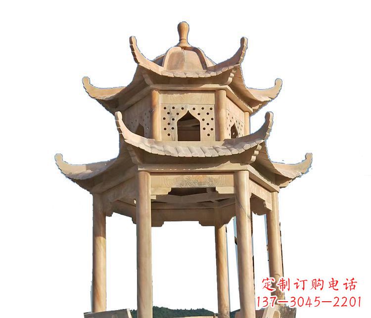 日照双层晚霞红凉亭石雕 (2)