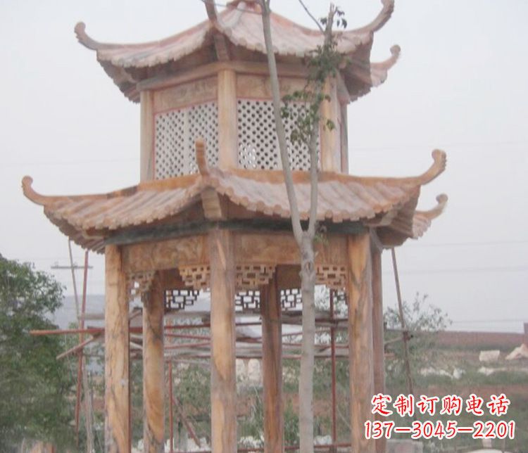 日照双层晚霞红石凉亭石雕 (2)