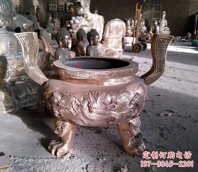 日照寺庙龙浮雕圆铜雕香炉