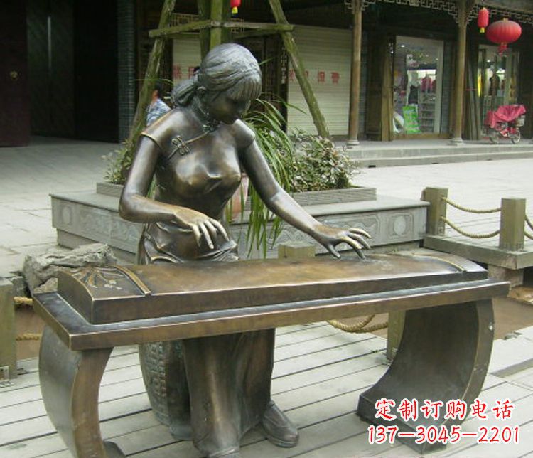 日照铜雕现代人物弹古筝雕塑