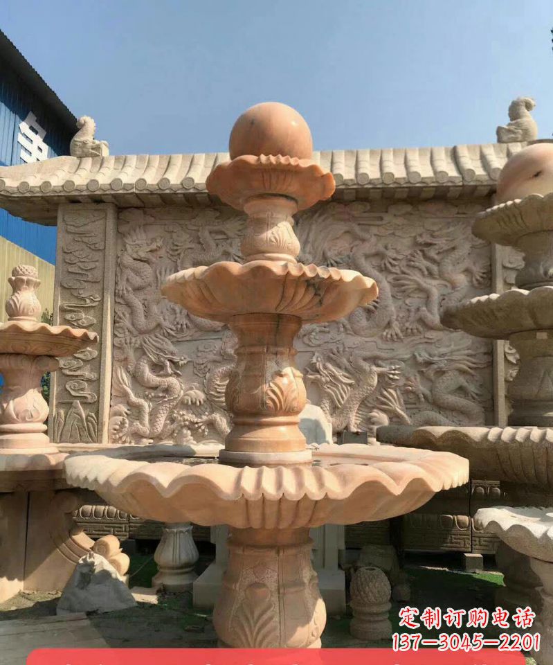 日照晚霞红风水球石雕喷泉