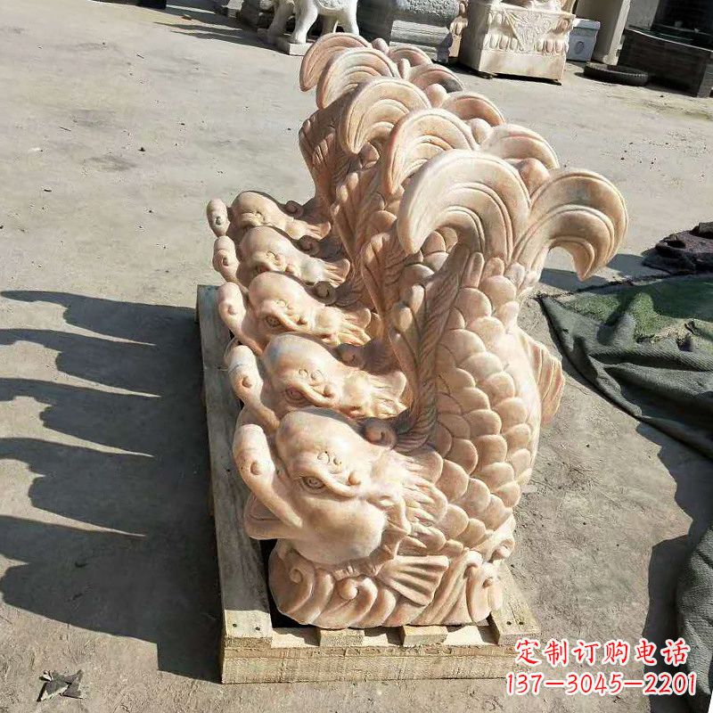日照晚霞红喷水鱼石雕-园林水景喷泉动物雕塑摆件