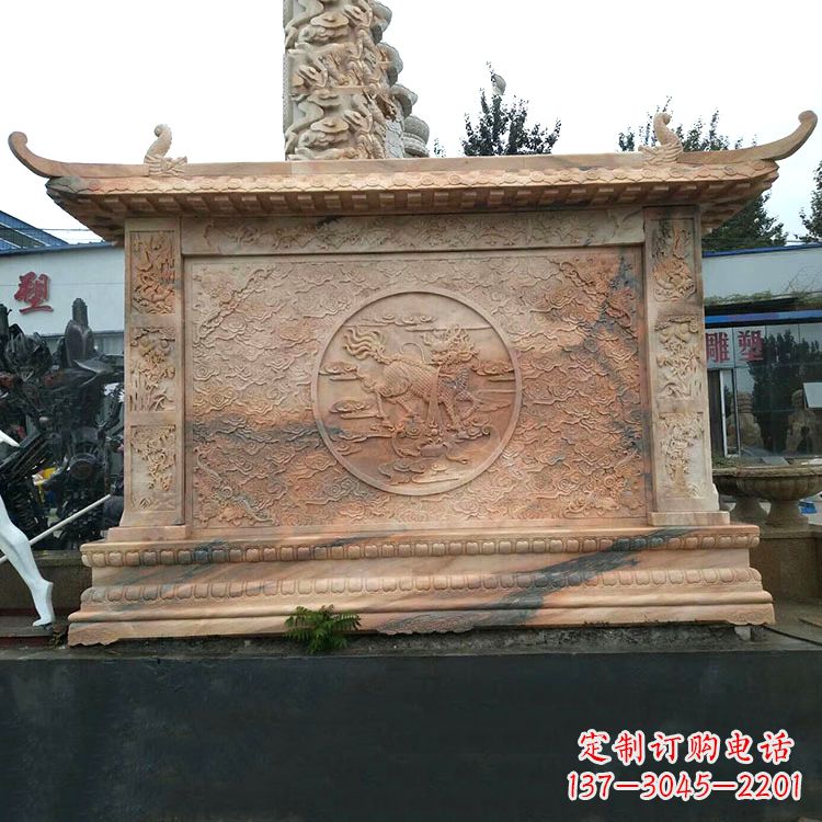 日照晚霞红麒麟影壁墙石雕