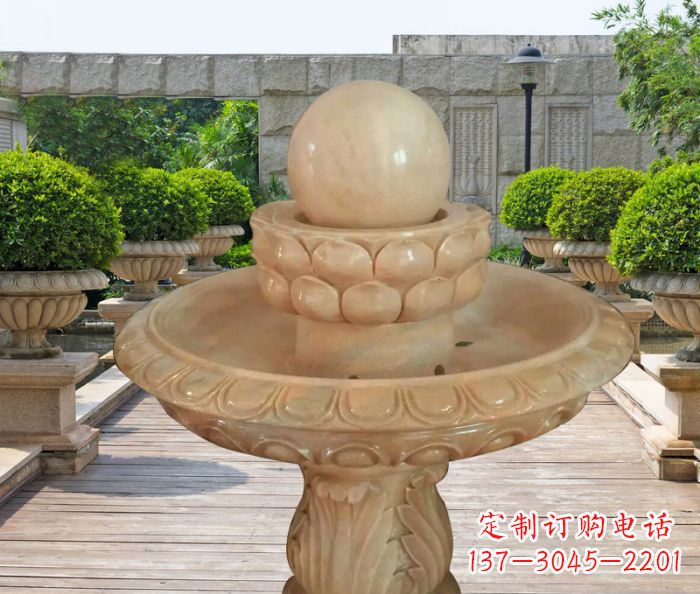 日照晚霞红双层风水球公园喷泉石雕 (2)