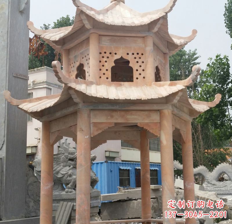 日照晚霞红双层六角凉亭石雕 (2)