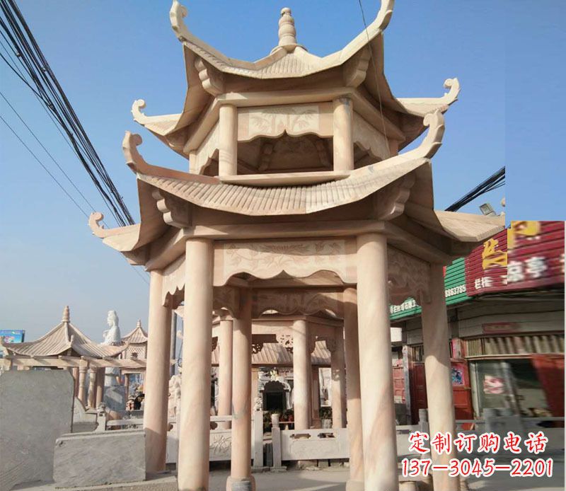 日照晚霞红双层六角凉亭石雕 (3)
