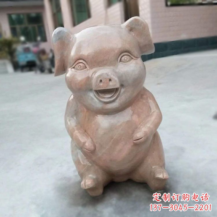 日照喜庆的石雕猪-晚霞红大理石生肖动物雕塑