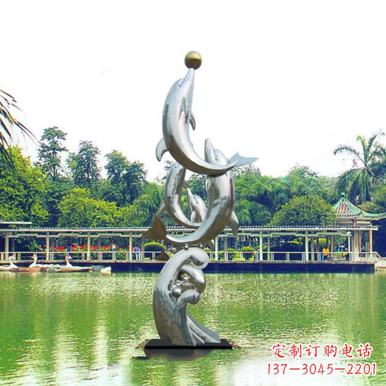 日照戏球不锈钢海豚雕塑-园林水景动物景观