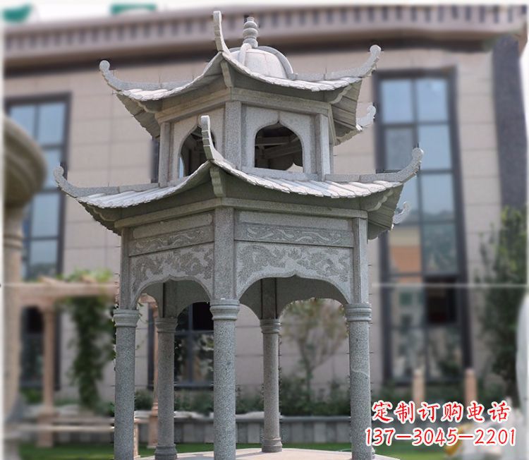日照小区大理石六角石雕双层凉亭
