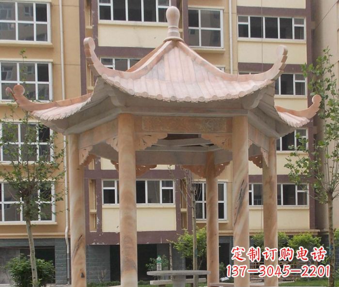 日照小区晚霞红六角凉亭石雕