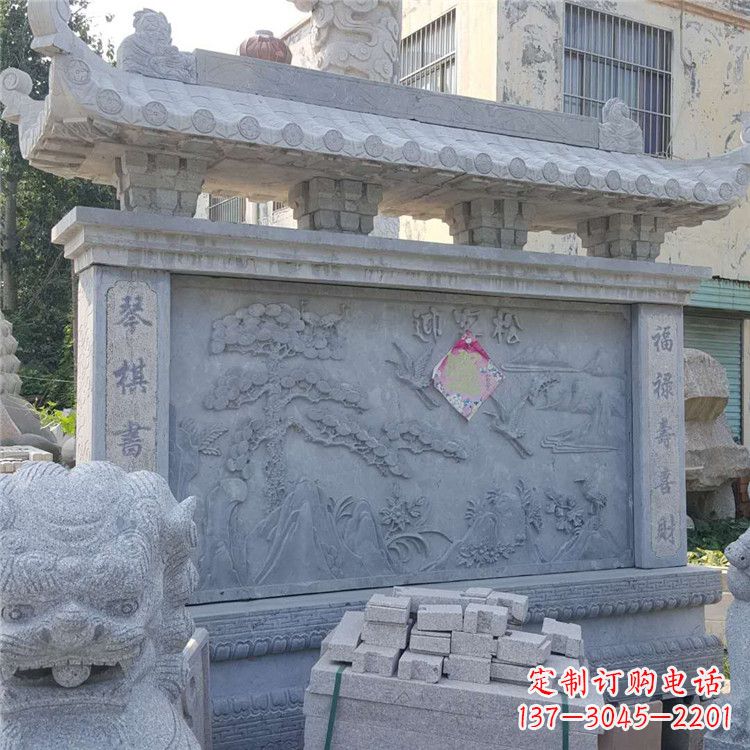 日照迎客松石雕影壁墙