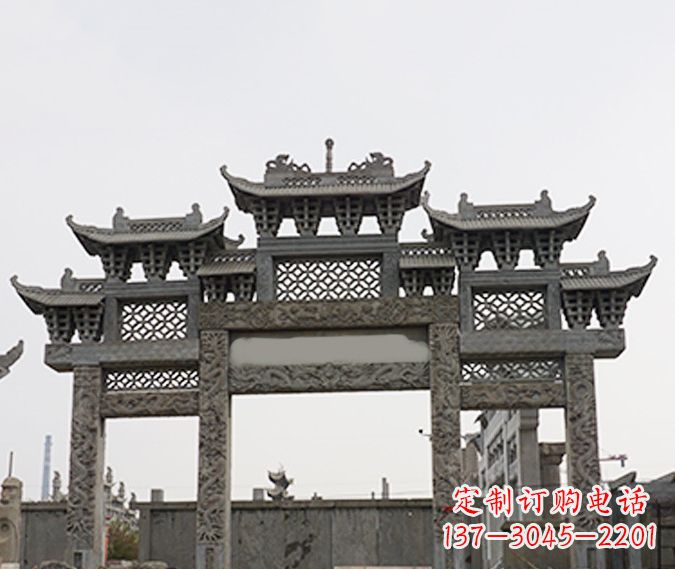 日照园林仿古三门牌坊石雕 (4)