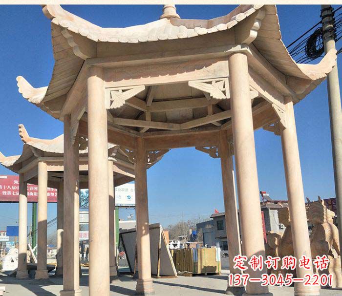 日照园林景观晚霞红六角石雕凉亭 (2)