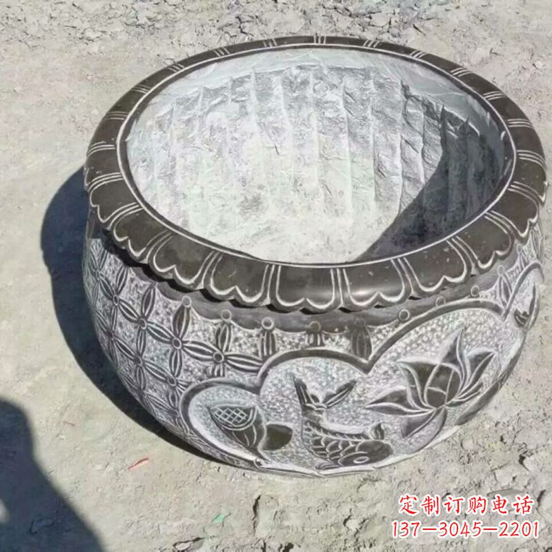 日照园林莲花鱼纹石雕水缸